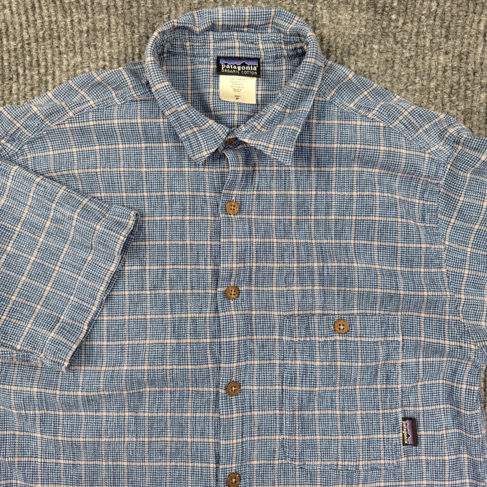 Patagonia Shirt Mens Medium Blue Plaid Short Sleeve Organic Cotton Button Up